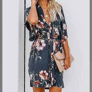 Navy floral kimono with tie at the waistline